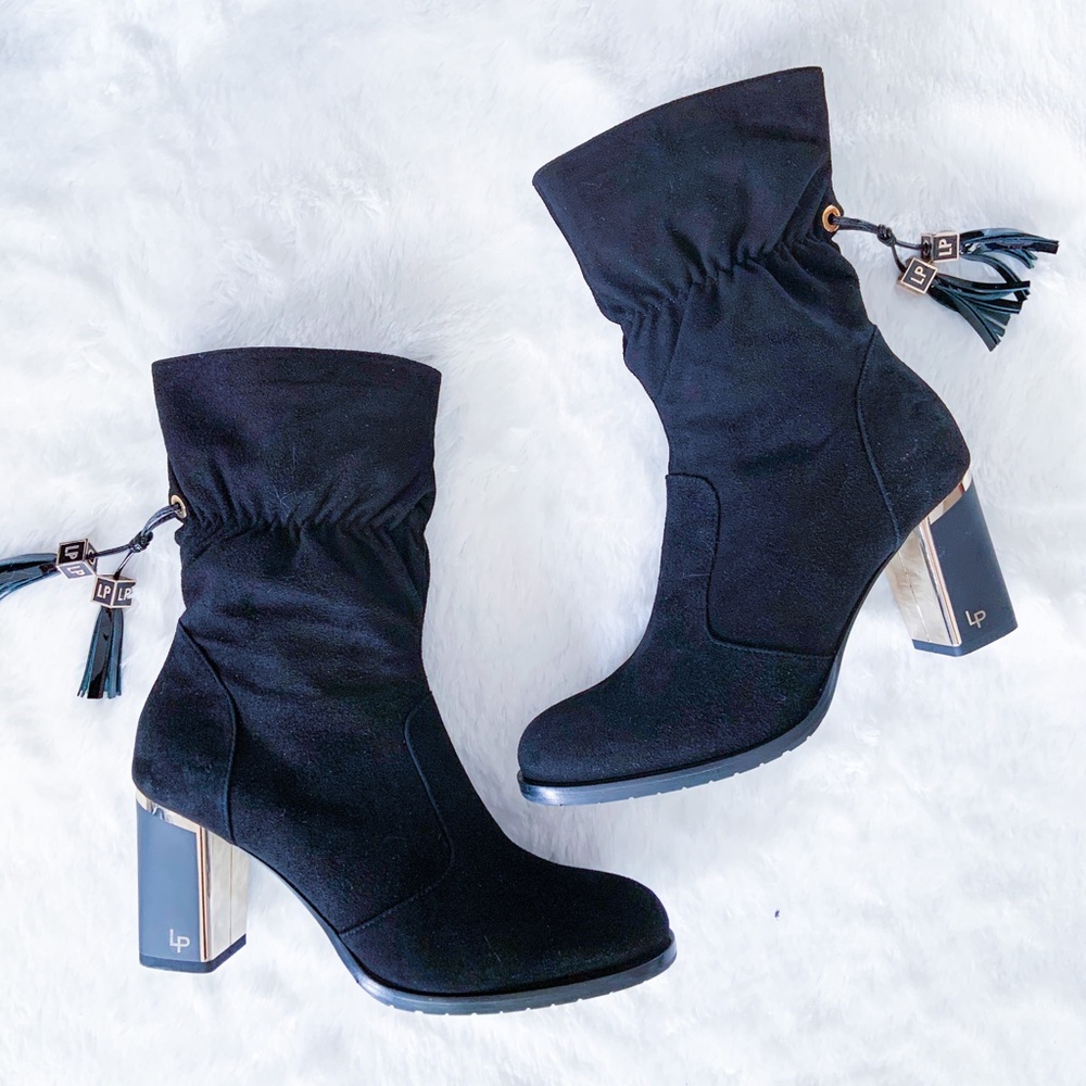 $498 | Loretta Pettinari | Suede Leather Black Ankle Boots Tassel Block Heel 40